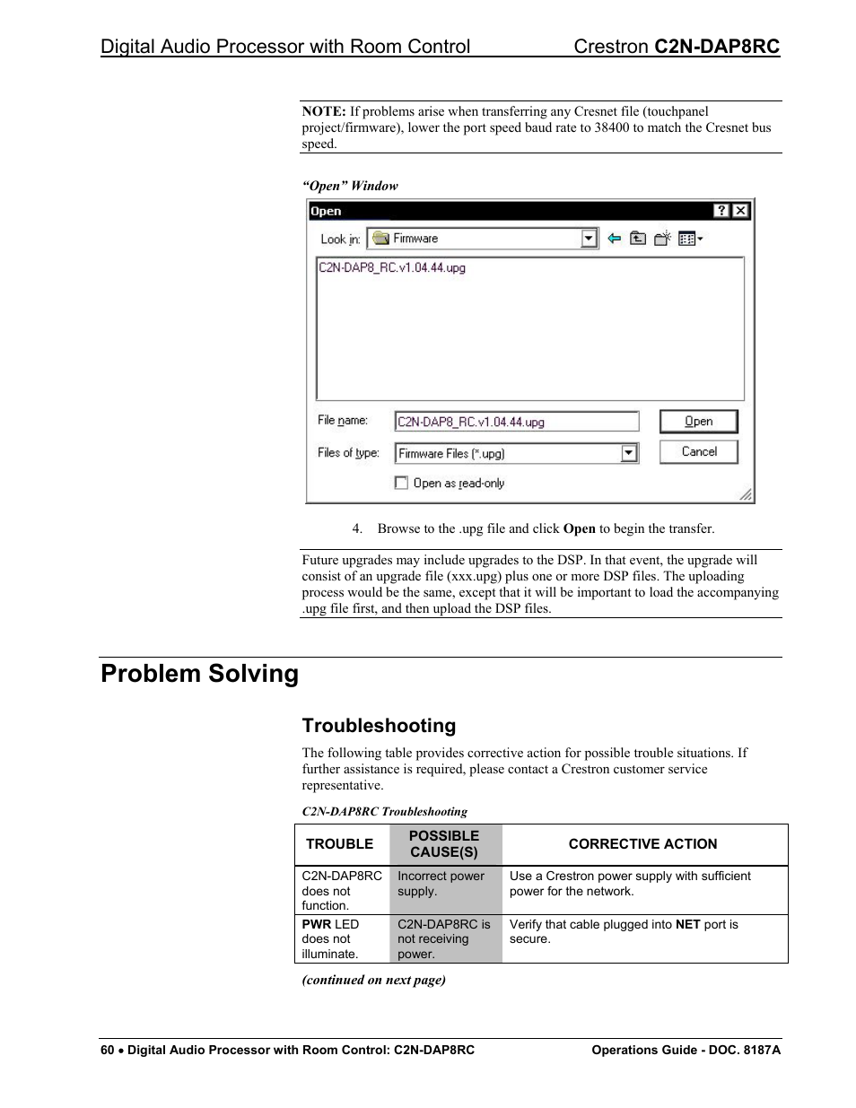 Problem solving, Troubleshooting | Crestron electronic C2N-DAP8RC User Manual | Page 64 / 80