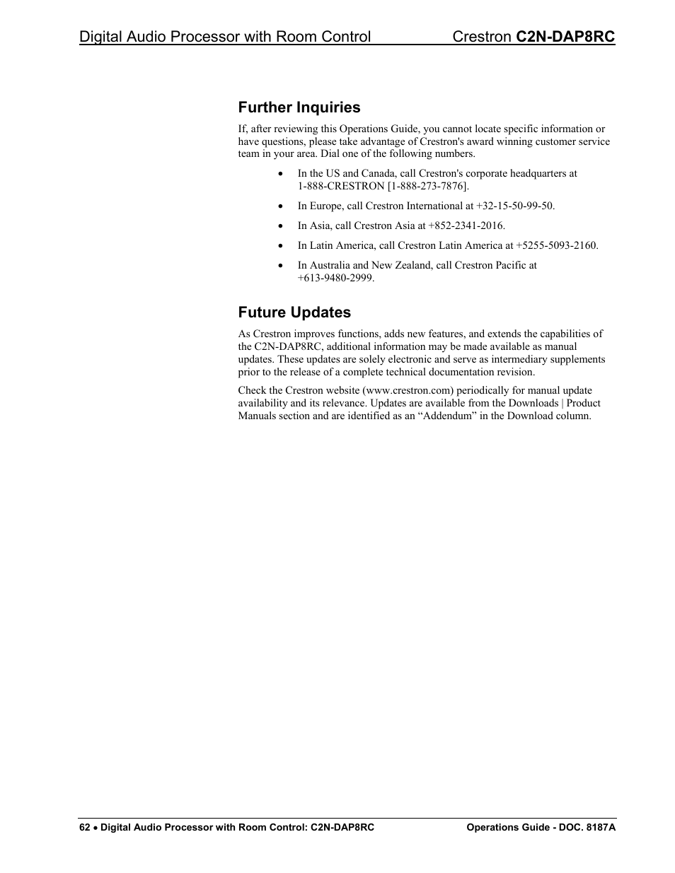 Further inquiries, Future updates | Crestron electronic C2N-DAP8RC User Manual | Page 66 / 80