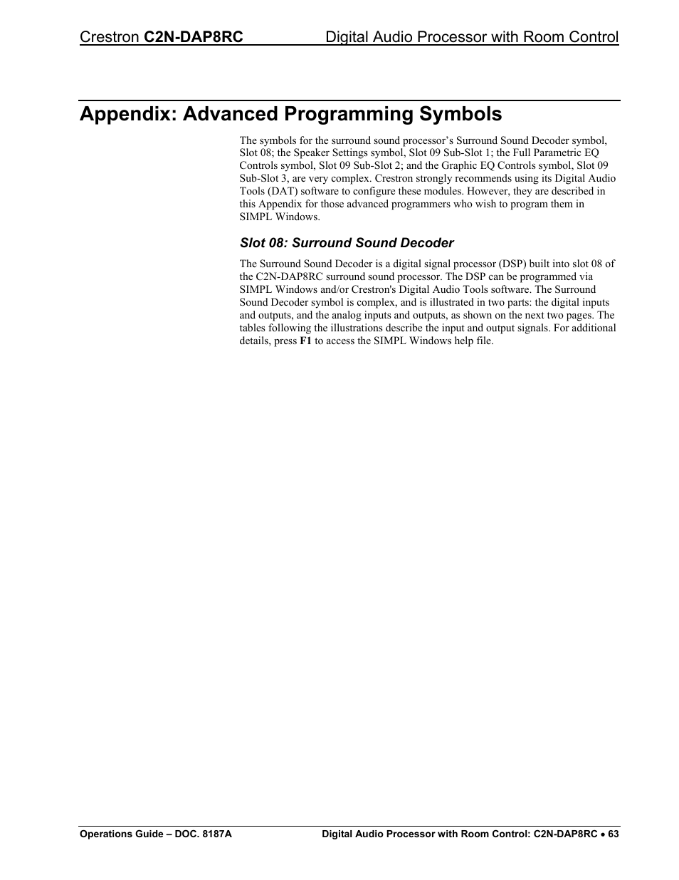 Appendix: advanced programming symbols | Crestron electronic C2N-DAP8RC User Manual | Page 67 / 80