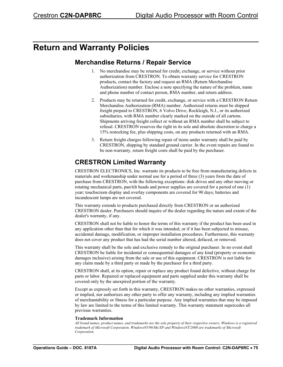 Return and warranty policies, Merchandise returns / repair service, Crestron limited warranty | Crestron electronic C2N-DAP8RC User Manual | Page 79 / 80