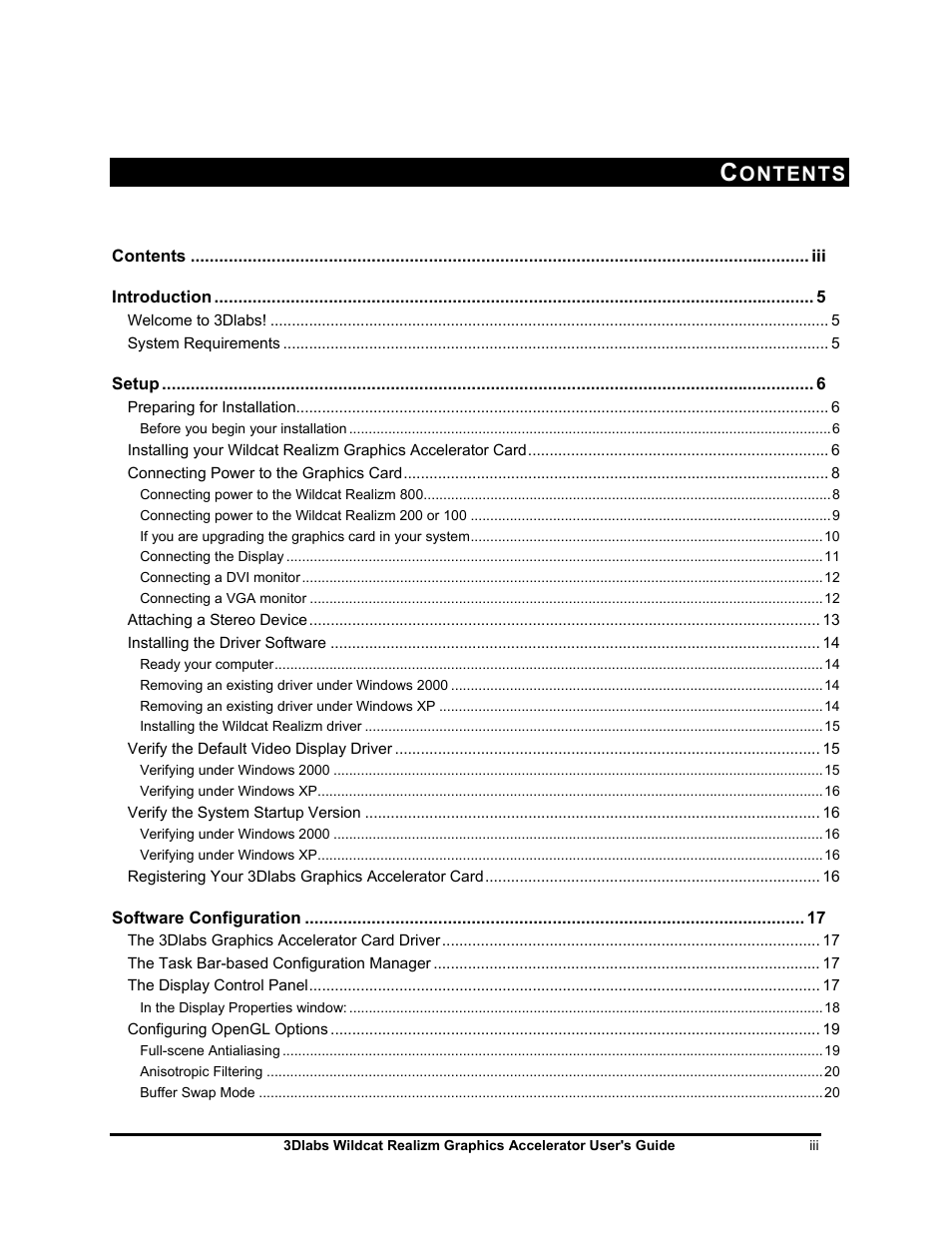 Ontents | 3DLABS WILDCAT REALIZM 100 User Manual | Page 3 / 51