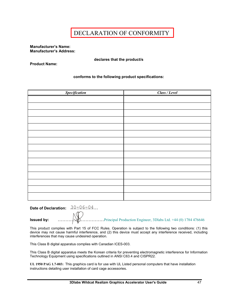 Declaration of conformity | 3DLABS WILDCAT REALIZM 100 User Manual | Page 47 / 51