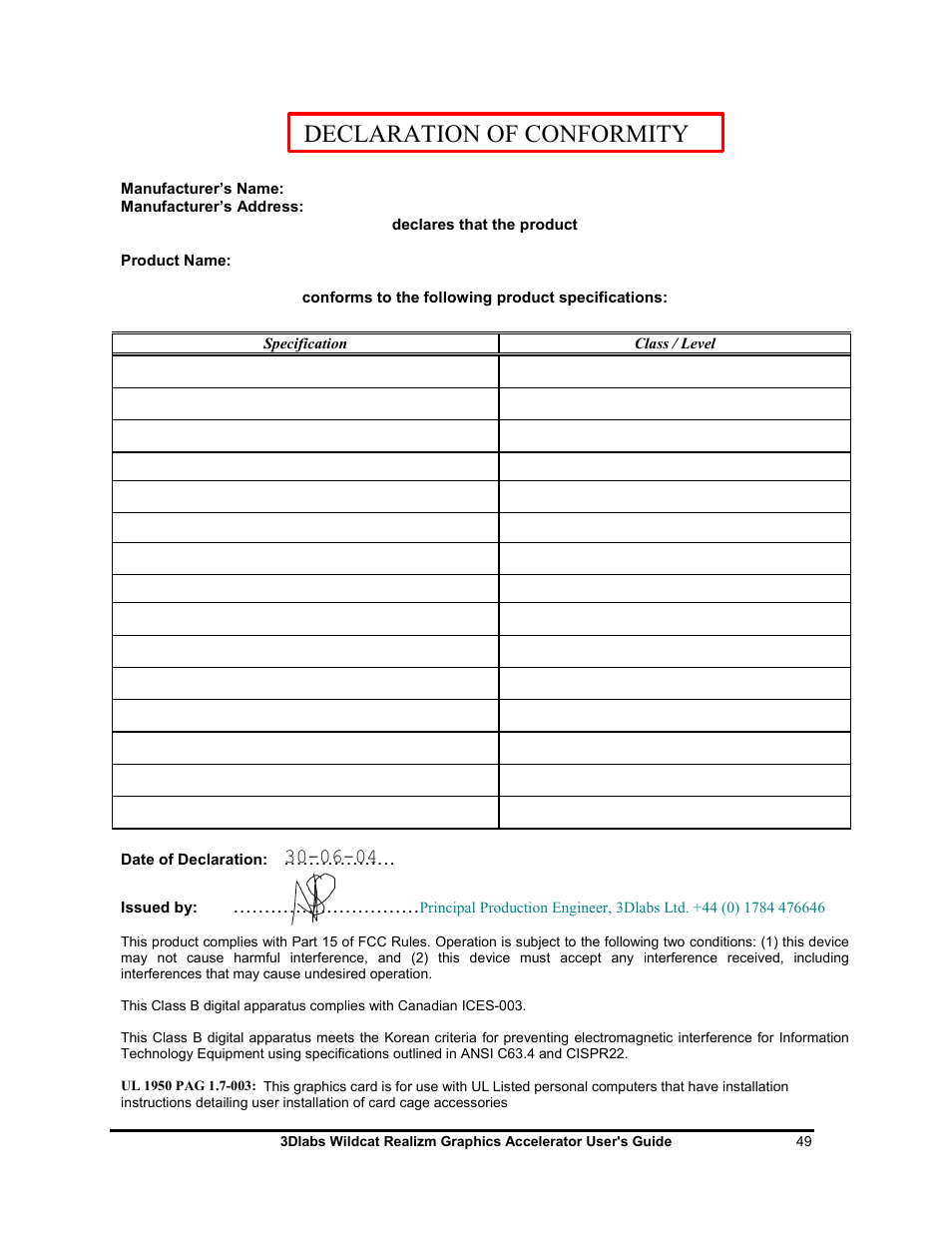 Declaration of conformity | 3DLABS WILDCAT REALIZM 100 User Manual | Page 49 / 51