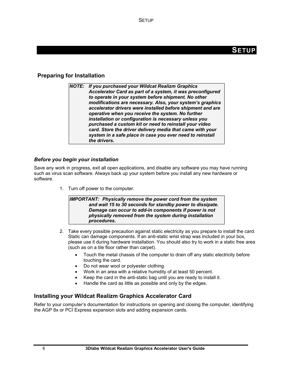 Etup | 3DLABS WILDCAT REALIZM 100 User Manual | Page 6 / 51