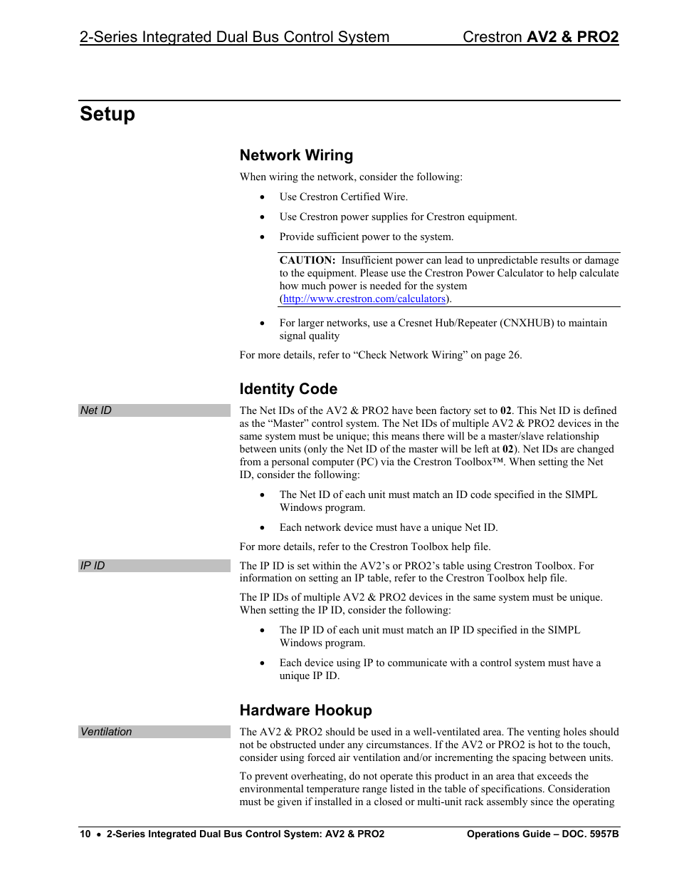 Setup, Network wiring, Identity code | Hardware hookup | Crestron electronic AV2 User Manual | Page 14 / 36