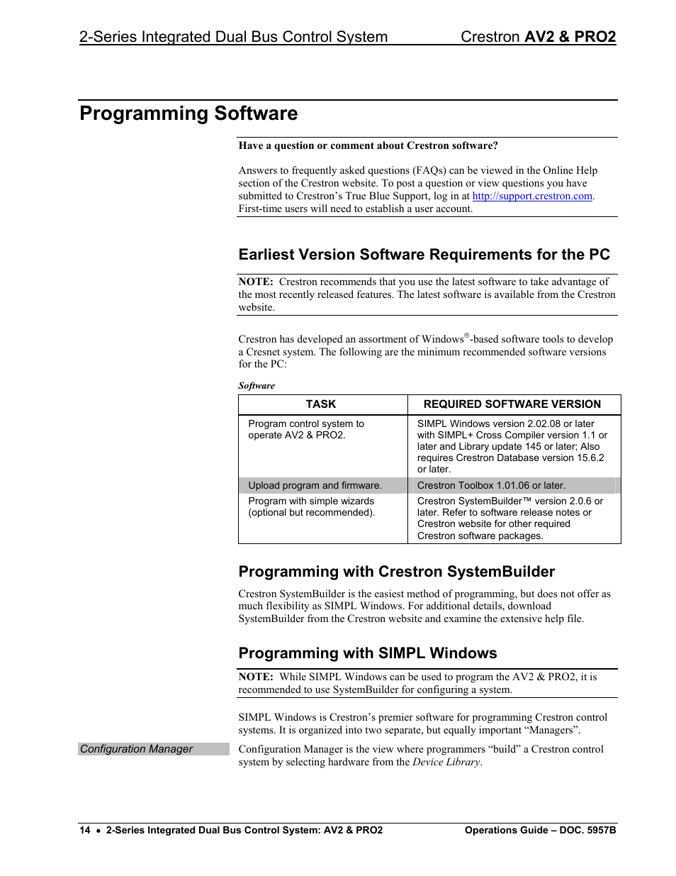 Programming software, Earliest version software requirements for the pc, Programming with crestron systembuilder | Programming with simpl windows | Crestron electronic AV2 User Manual | Page 18 / 36