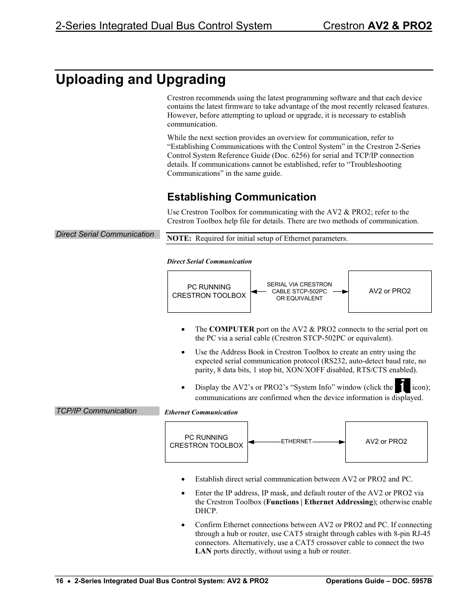 Uploading and upgrading, Establishing communication | Crestron electronic AV2 User Manual | Page 20 / 36