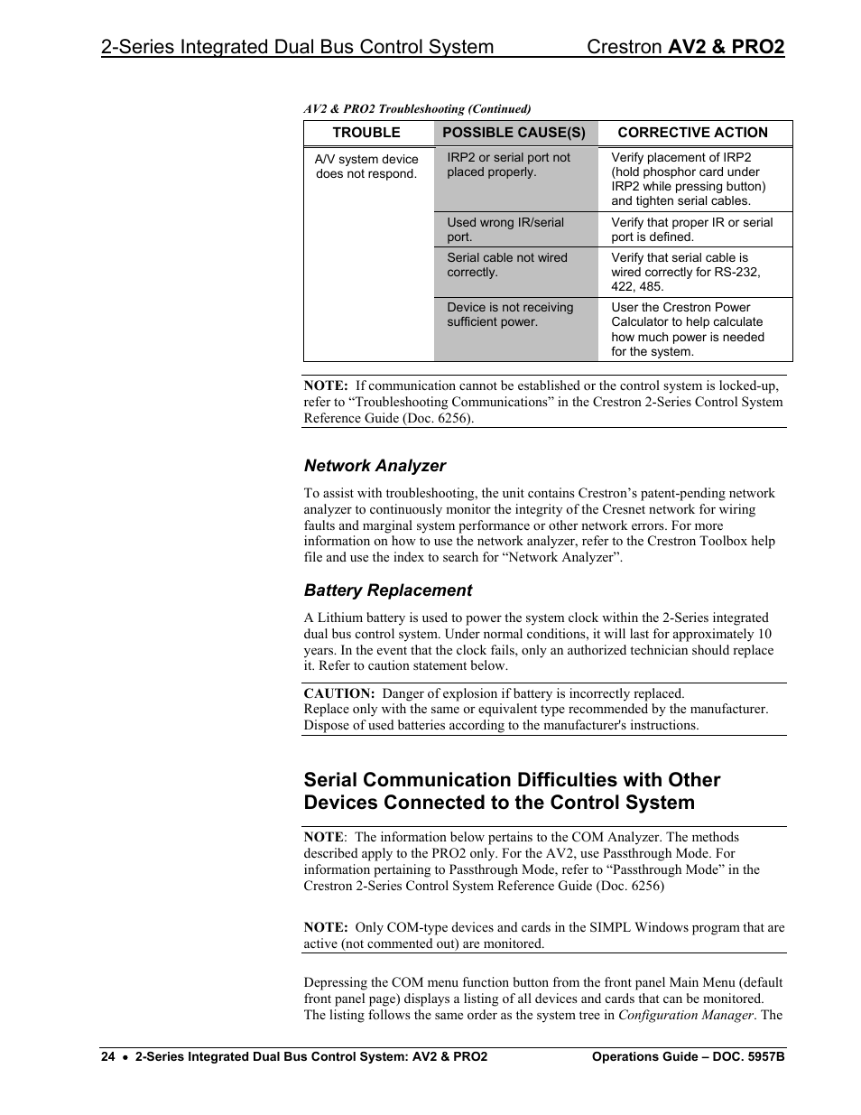 Network analyzer, Battery replacement | Crestron electronic AV2 User Manual | Page 28 / 36