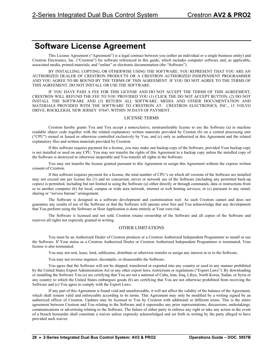 Software license agreement | Crestron electronic AV2 User Manual | Page 32 / 36