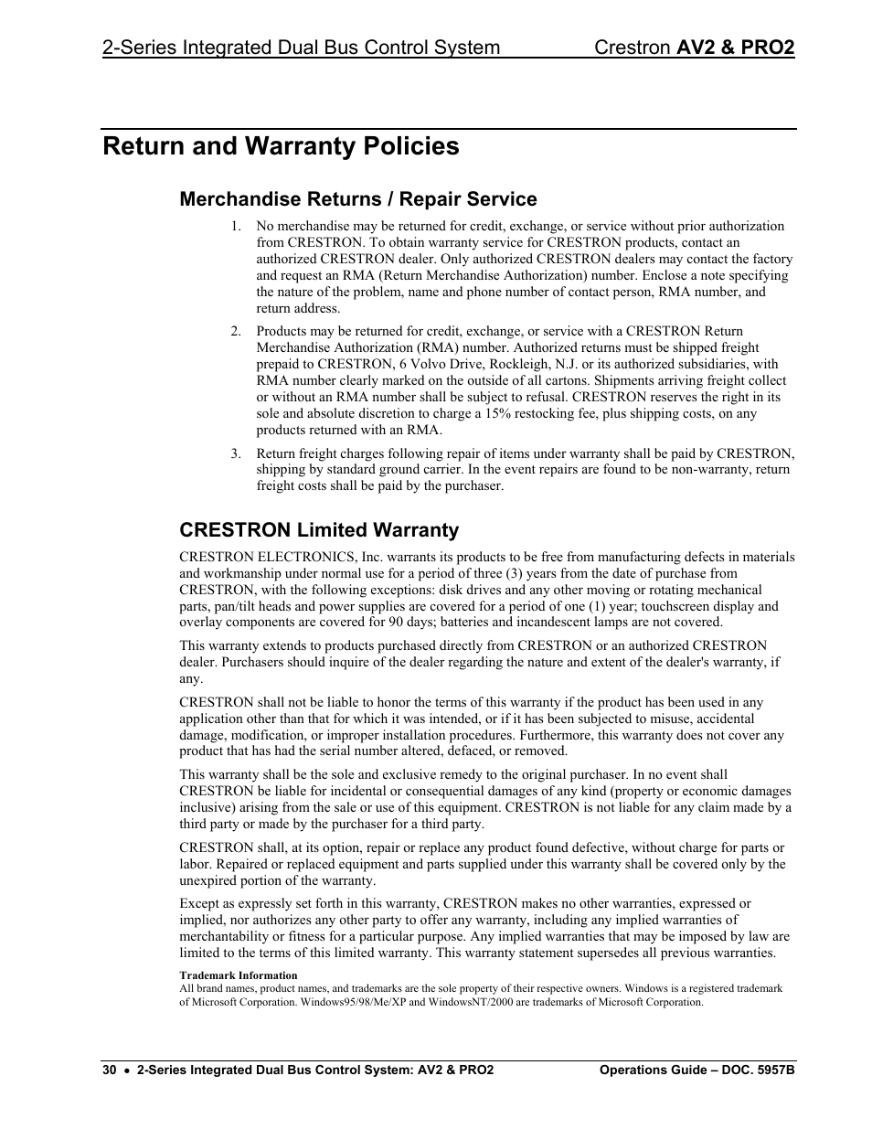 Return and warranty policies, Merchandise returns / repair service, Crestron limited warranty | Crestron electronic AV2 User Manual | Page 34 / 36