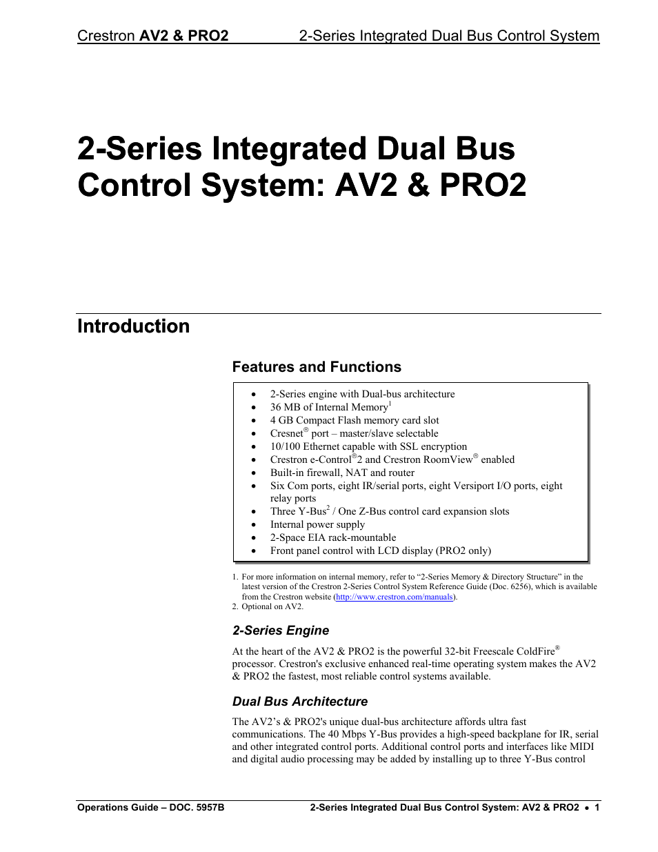 Introduction, Features and functions, Series engine | Dual bus architecture | Crestron electronic AV2 User Manual | Page 5 / 36