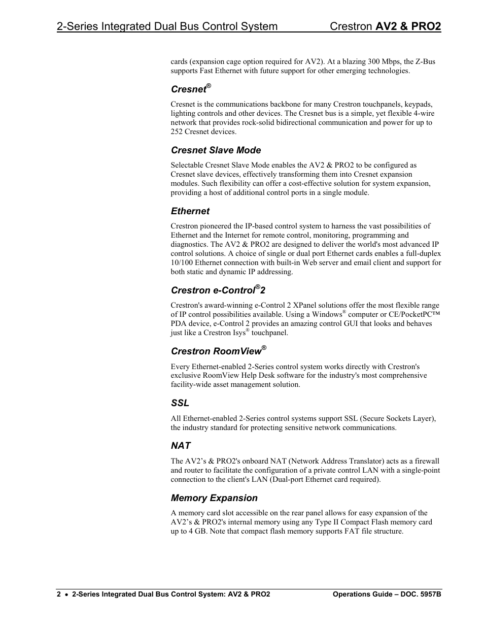 Cresnet, Cresnet slave mode, Ethernet | Crestron e-control®2, Crestron roomview, Memory expansion | Crestron electronic AV2 User Manual | Page 6 / 36