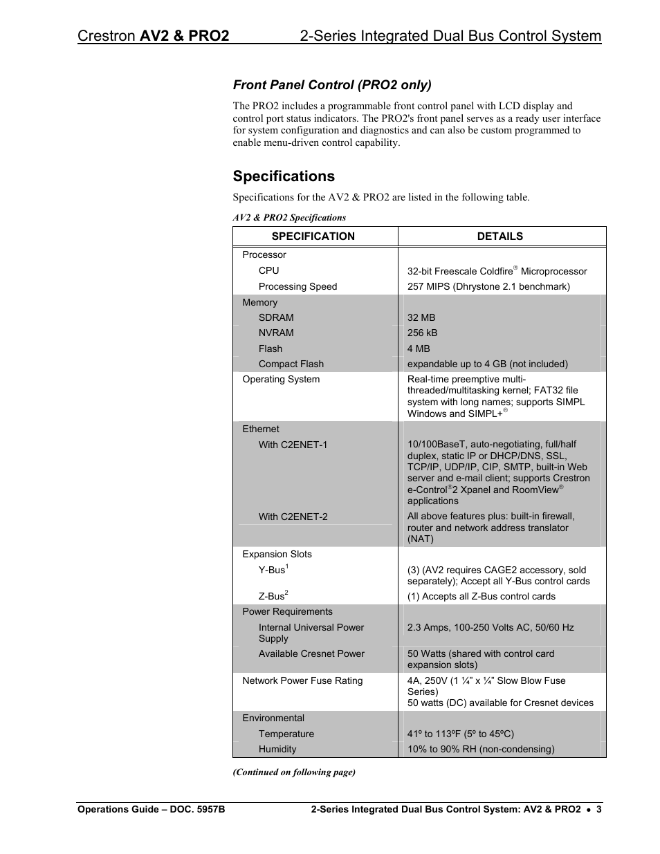 Front panel control (pro2 only), Specifications | Crestron electronic AV2 User Manual | Page 7 / 36