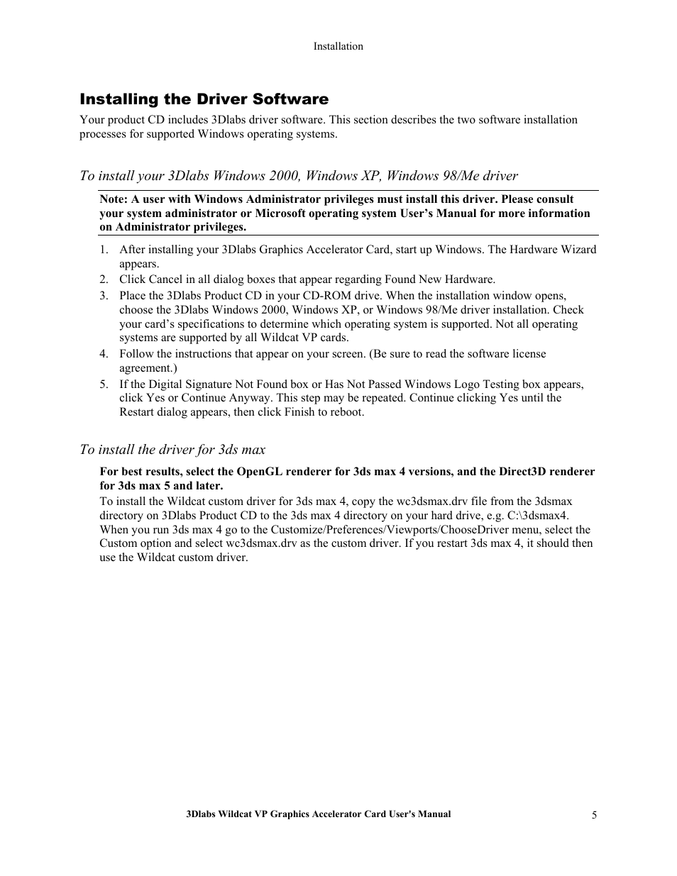 Installing the driver software, To install the driver for 3ds max | 3DLABS VP User Manual | Page 11 / 41