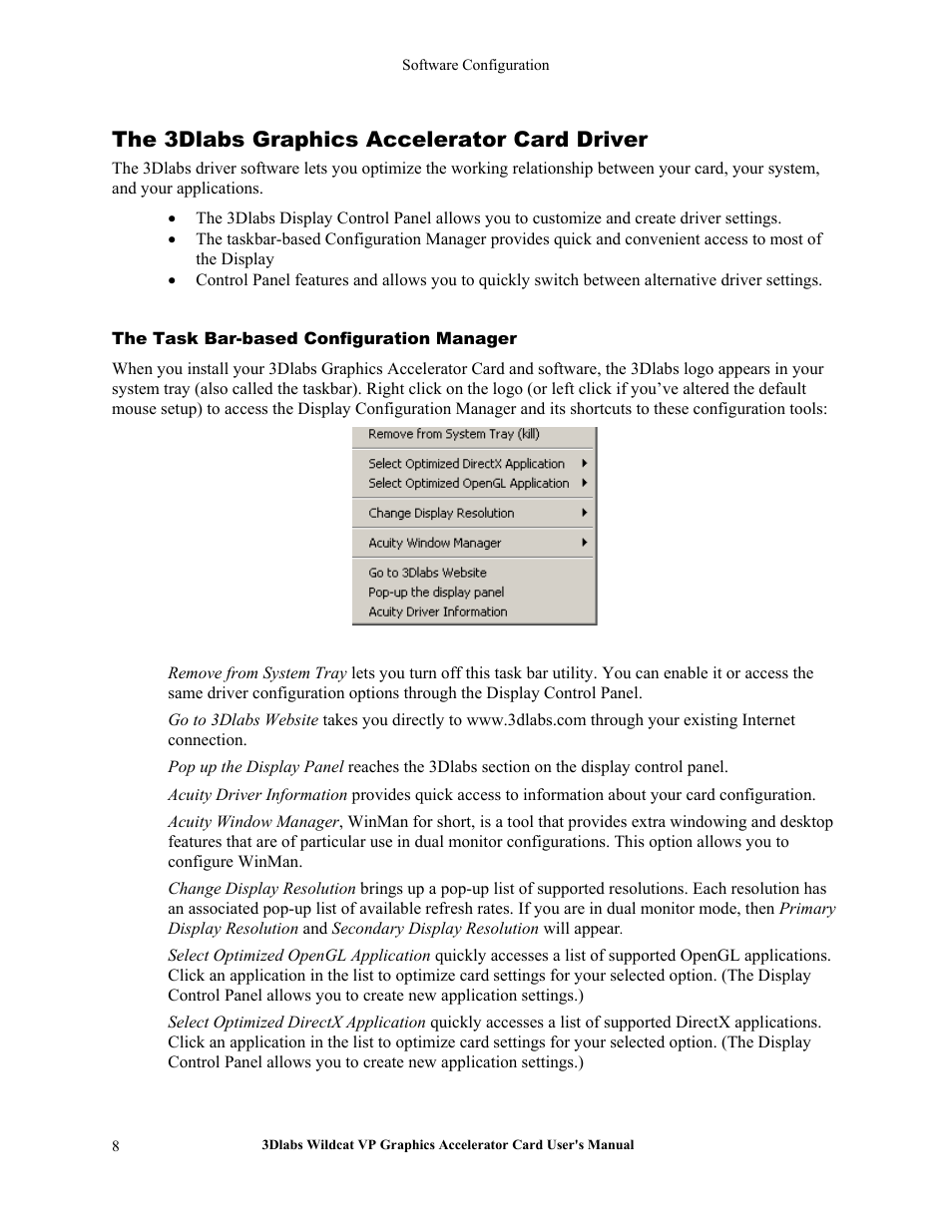 The task bar-based configuration manager, The 3dlabs graphics accelerator card driver | 3DLABS VP User Manual | Page 14 / 41