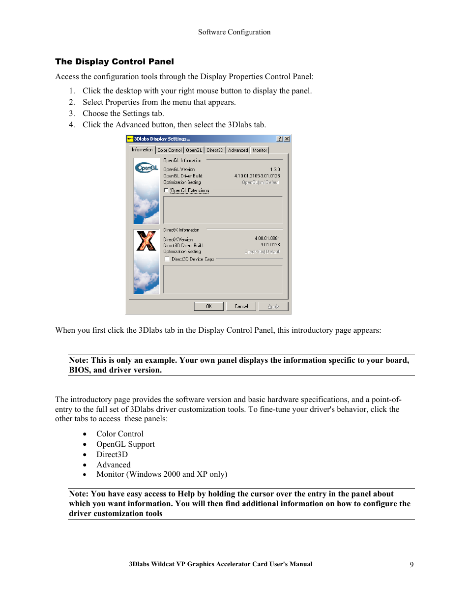 The display control panel | 3DLABS VP User Manual | Page 15 / 41