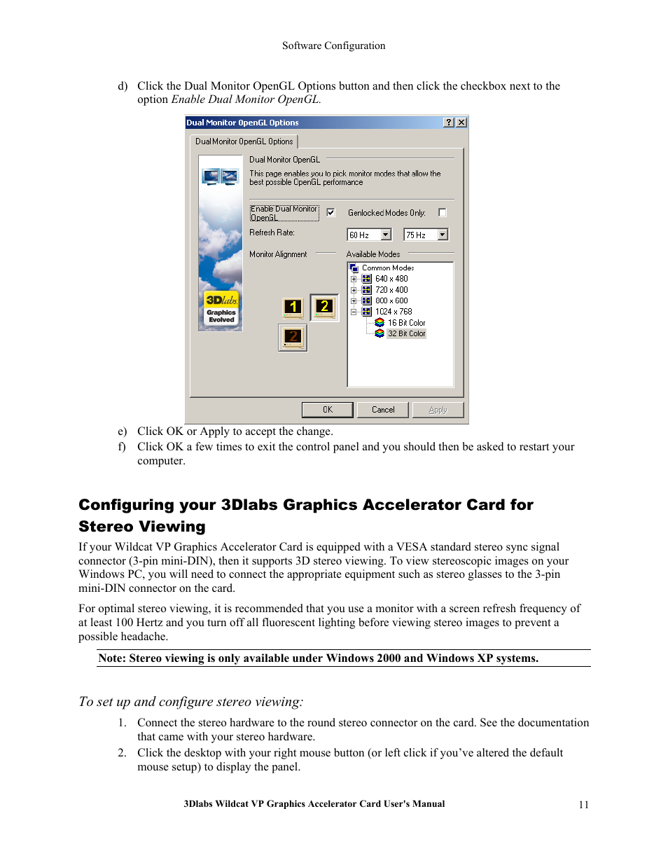 To set up and configure stereo viewing | 3DLABS VP User Manual | Page 17 / 41