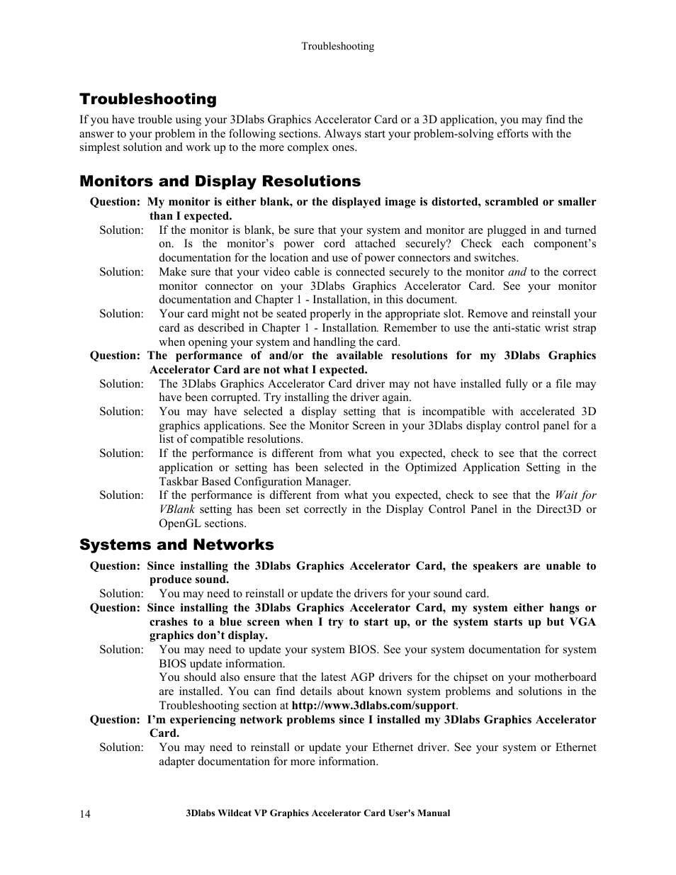 Troubleshooting, Monitors and display resolutions, Systems and networks | 3DLABS VP User Manual | Page 20 / 41