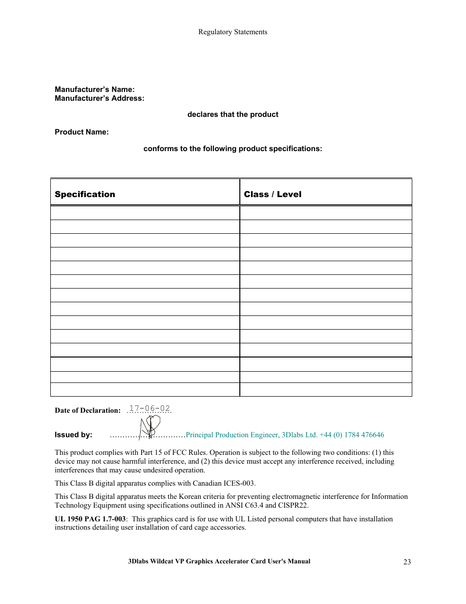 Specification, Class / level, Date of declaration | Declaration of conformity, Specification class / level | 3DLABS VP User Manual | Page 29 / 41