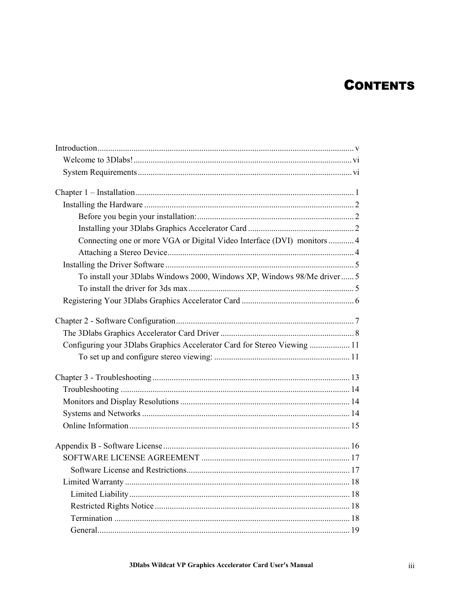 Ontents | 3DLABS VP User Manual | Page 3 / 41