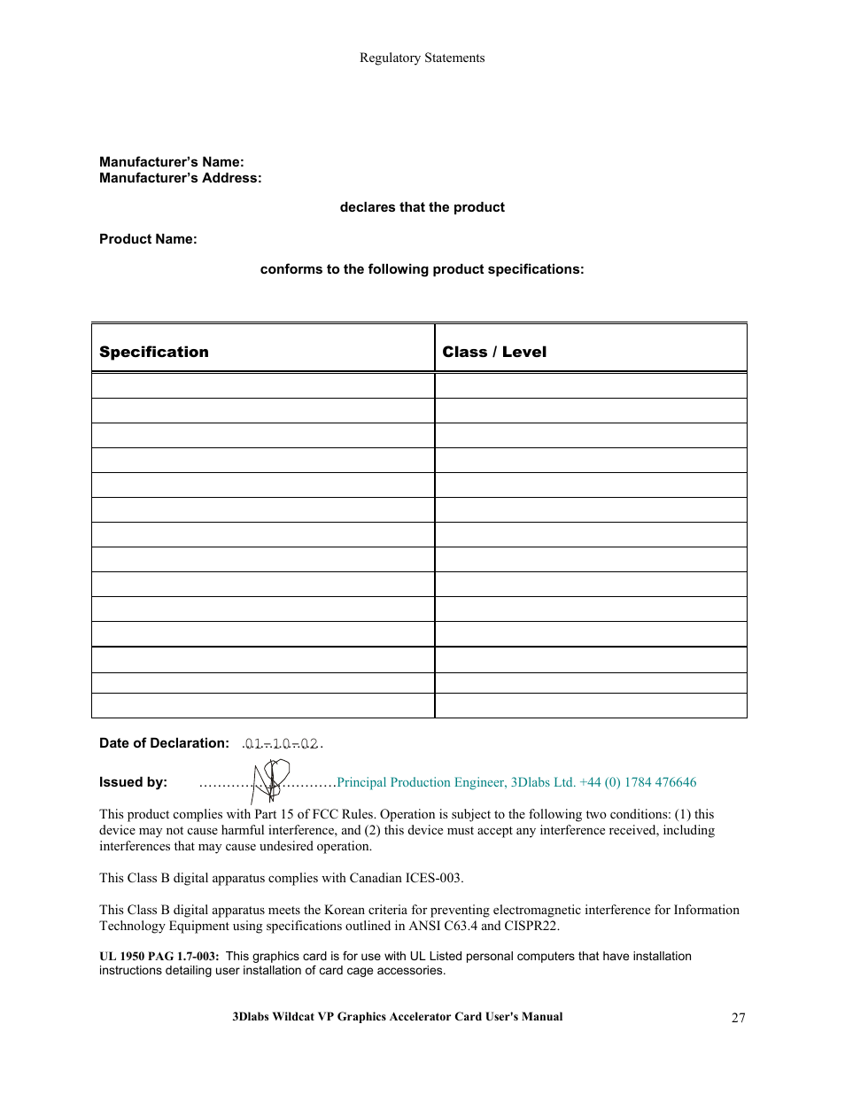 Specification, Class / level, Date of declaration | Declaration of conformity, Specification class / level | 3DLABS VP User Manual | Page 33 / 41