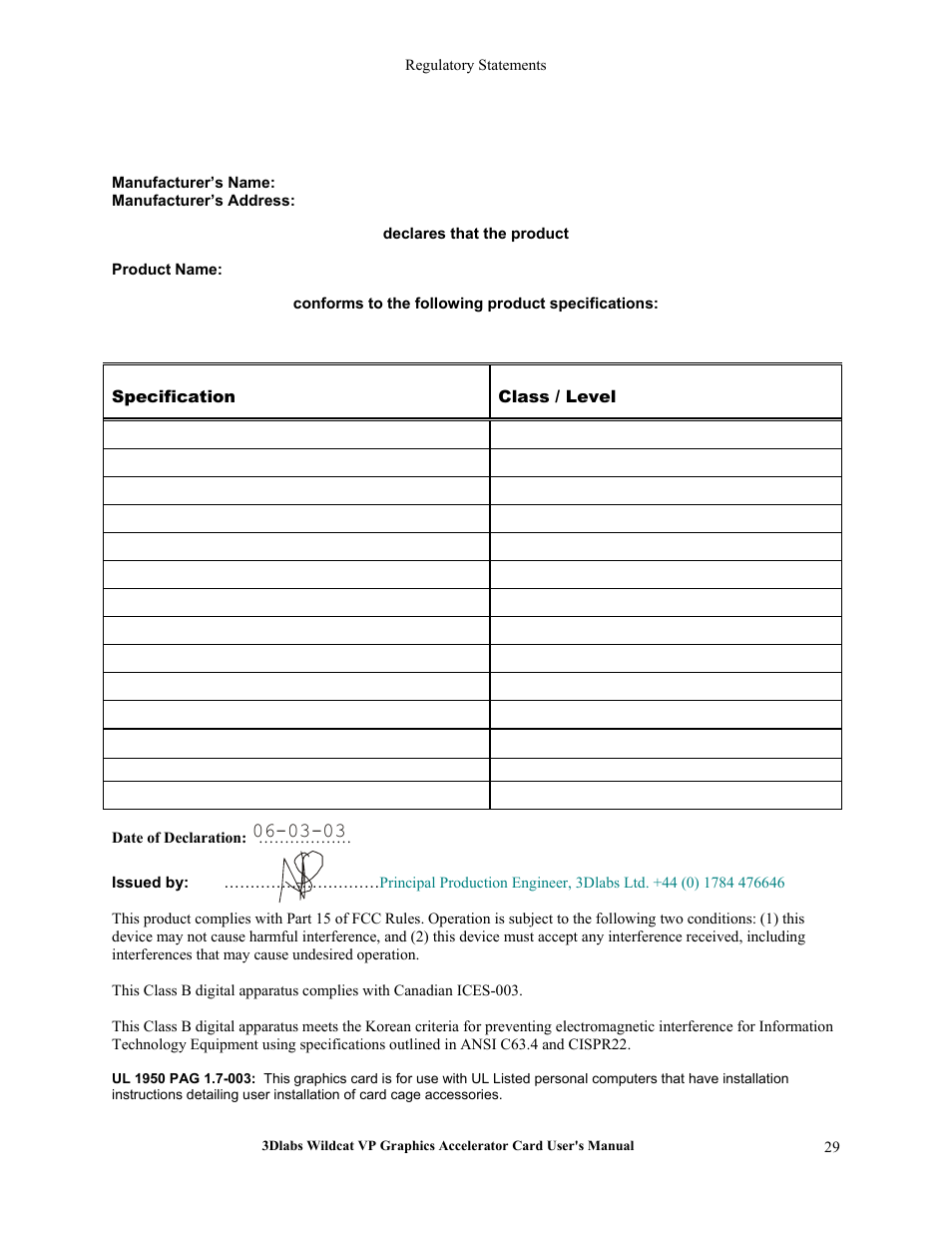 Specification, Class / level, Date of declaration | Declaration of conformity, Specification class / level | 3DLABS VP User Manual | Page 35 / 41