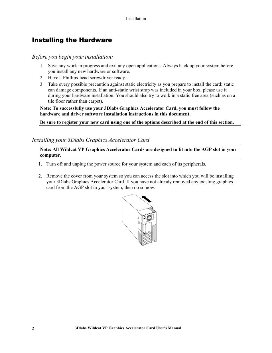 Installing the hardware, Before you begin your installation, Installing your 3dlabs graphics accelerator card | 3DLABS VP User Manual | Page 8 / 41