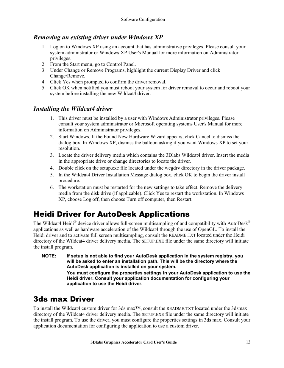 Removing an existing driver under windows xp, Installing the wildcat4 driver, Heidi driver for autodesk applications | 3ds max driver | 3DLABS Wildcat4 7110 User Manual | Page 17 / 50