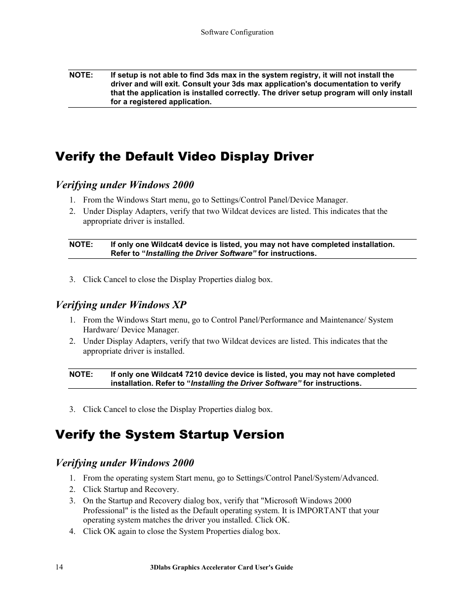 3ds max driver, Verify the default video display driver, Verifying under windows 2000 | Verifying under windows xp, Verify the system startup version | 3DLABS Wildcat4 7110 User Manual | Page 18 / 50