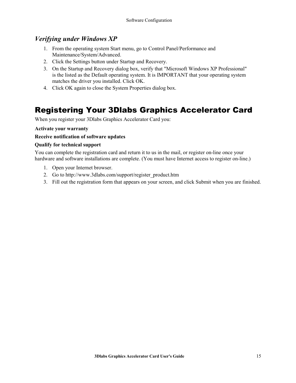 Verify the system startup version, Verifying under windows 2000, Verifying under windows xp | Registering your 3dlabs graphics accelerator card | 3DLABS Wildcat4 7110 User Manual | Page 19 / 50