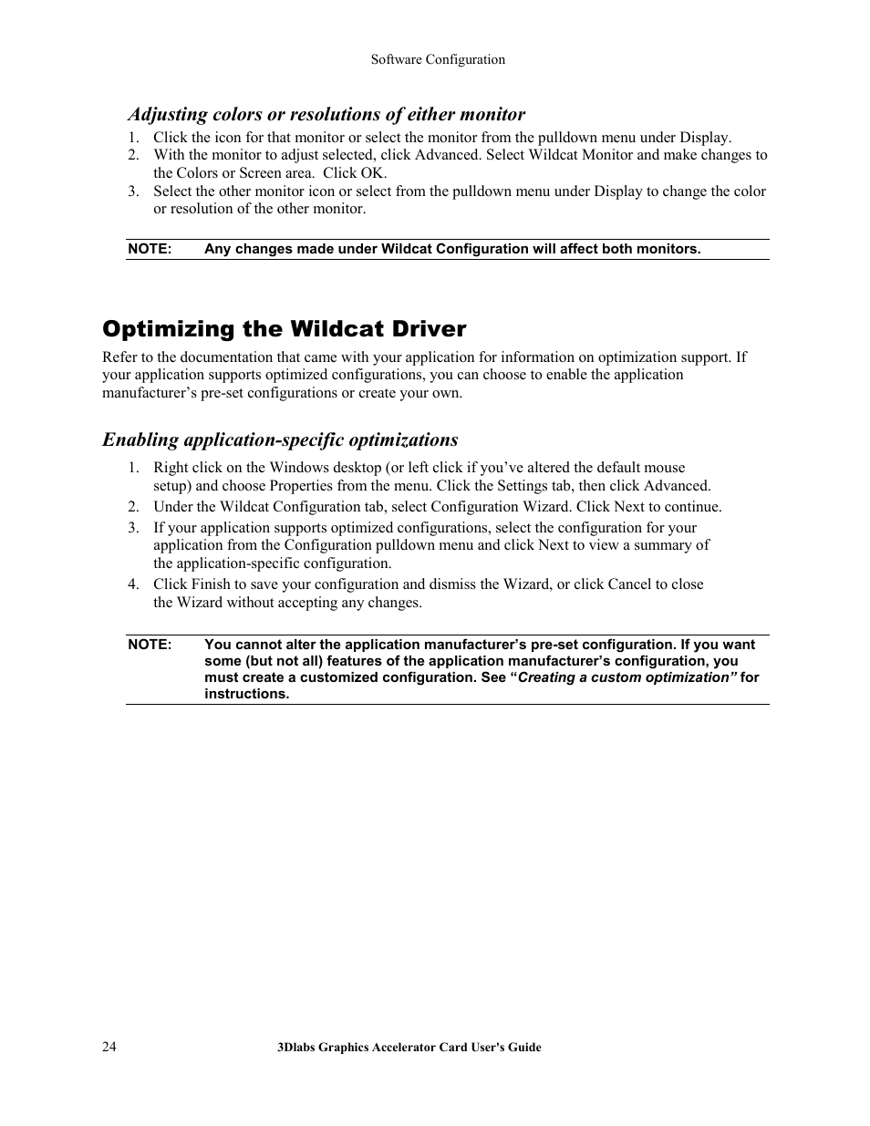 Optimizing the wildcat driver, Enabling application-specific optimizations, Adjusting colors or resolutions of either monitor | 3DLABS Wildcat4 7110 User Manual | Page 28 / 50