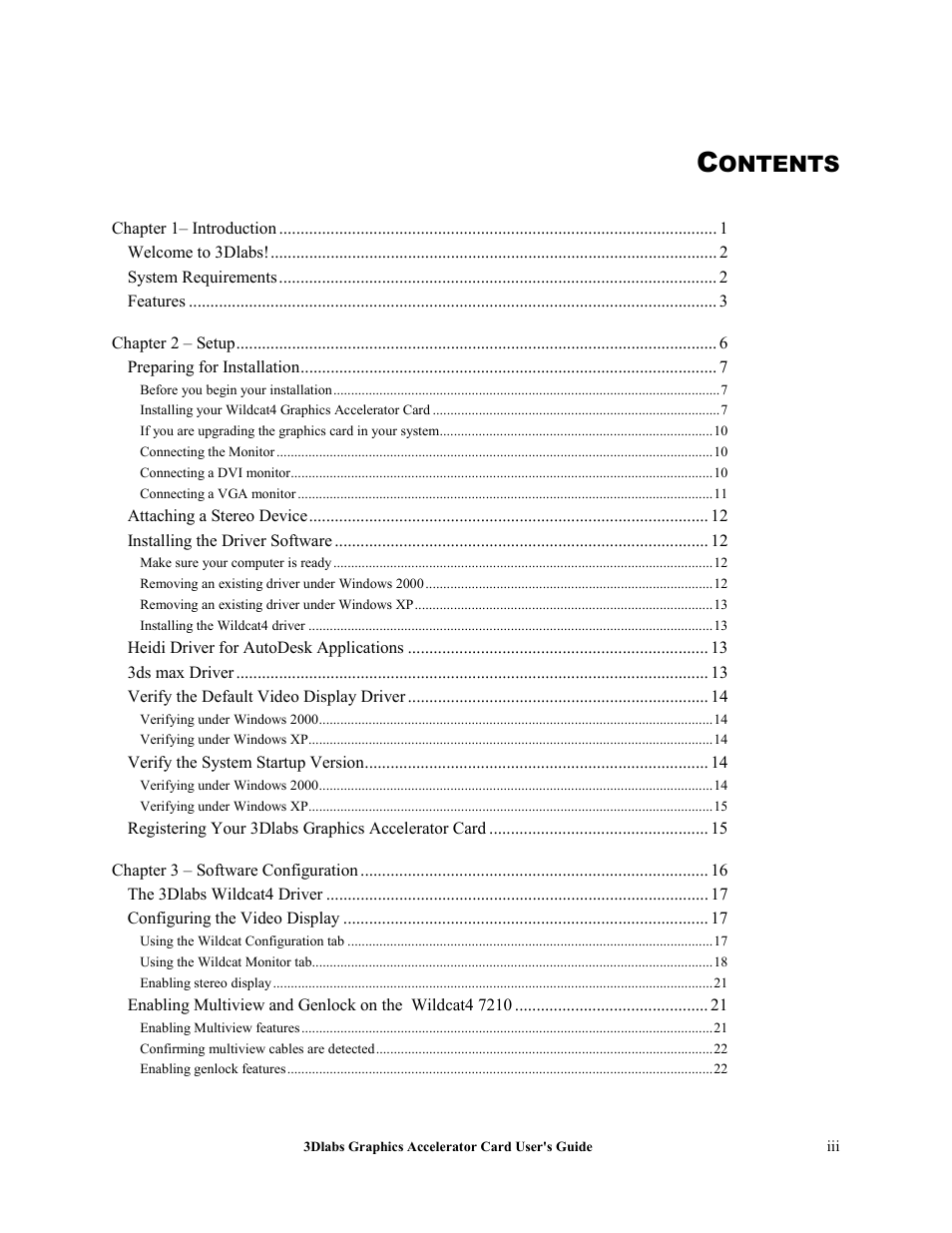 Ontents | 3DLABS Wildcat4 7110 User Manual | Page 3 / 50