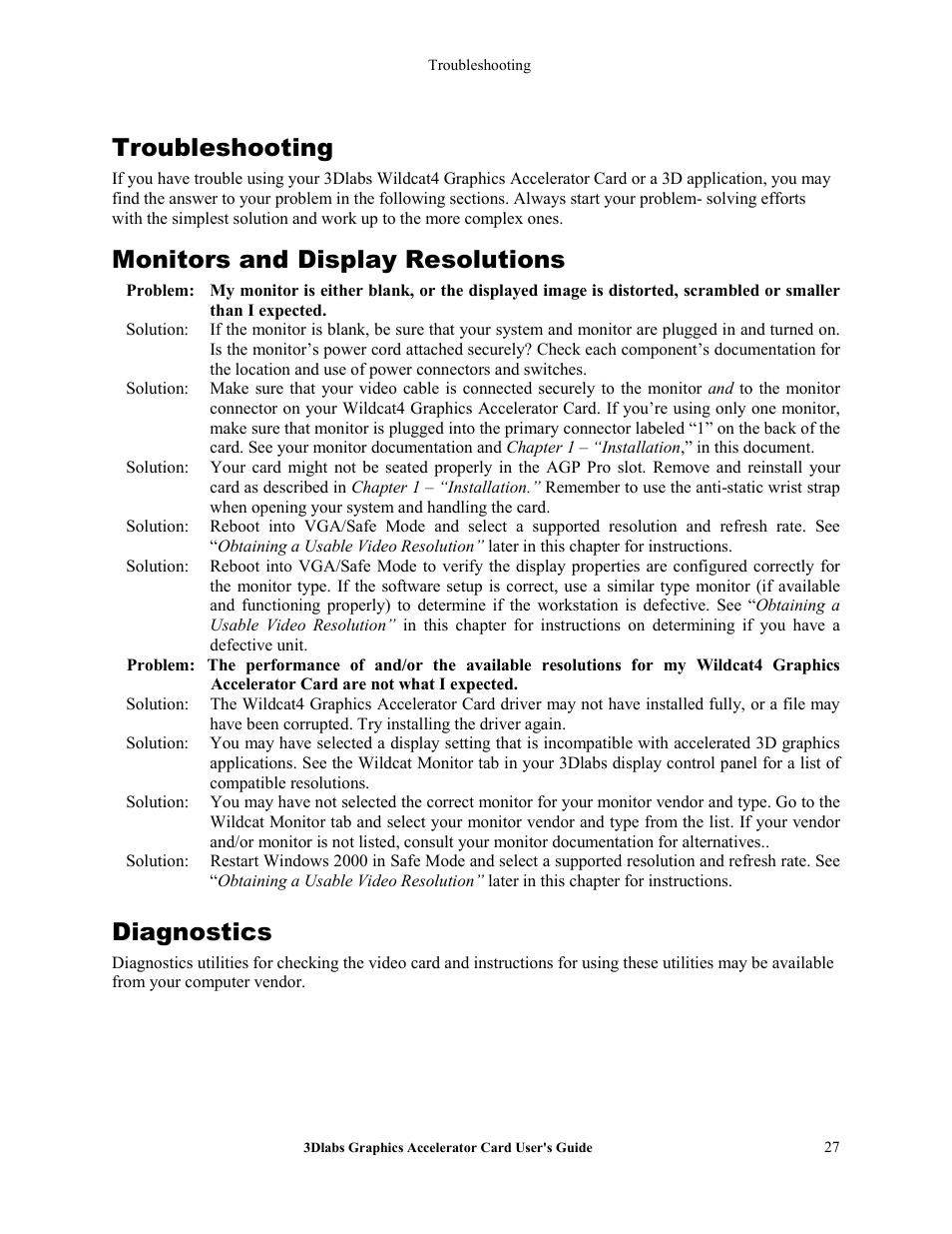 Troubleshooting, Monitors and display resolutions, Diagnostics | 3DLABS Wildcat4 7110 User Manual | Page 31 / 50