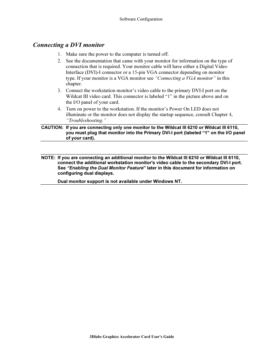 Connecting a vi monitor, Connecting a dvi monitor | 3DLABS Wildcat III 6110 User Manual | Page 15 / 56