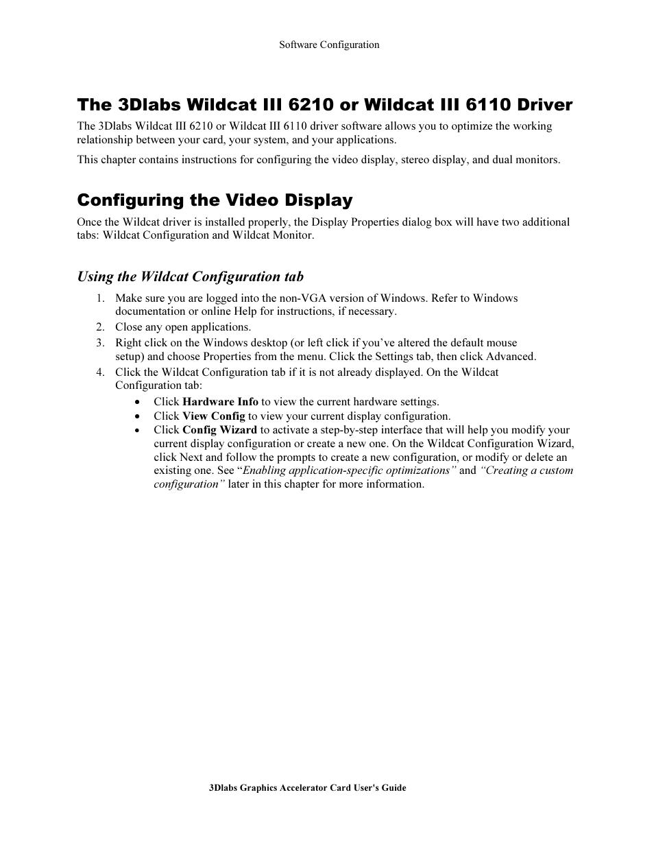 Configuring the video di play, U ing the wildcat configuration tab, Configuring the video display | Using the wildcat configuration tab | 3DLABS Wildcat III 6110 User Manual | Page 24 / 56