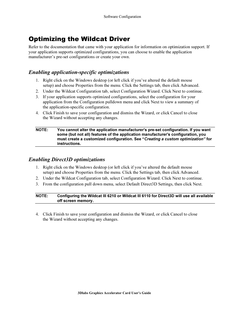 Optimizing the wildcat driver, Enabling application- pecific optimization, Enabling irect3 optimization | Enabling application-specific optimizations, Enabling direct3d optimizations | 3DLABS Wildcat III 6110 User Manual | Page 32 / 56