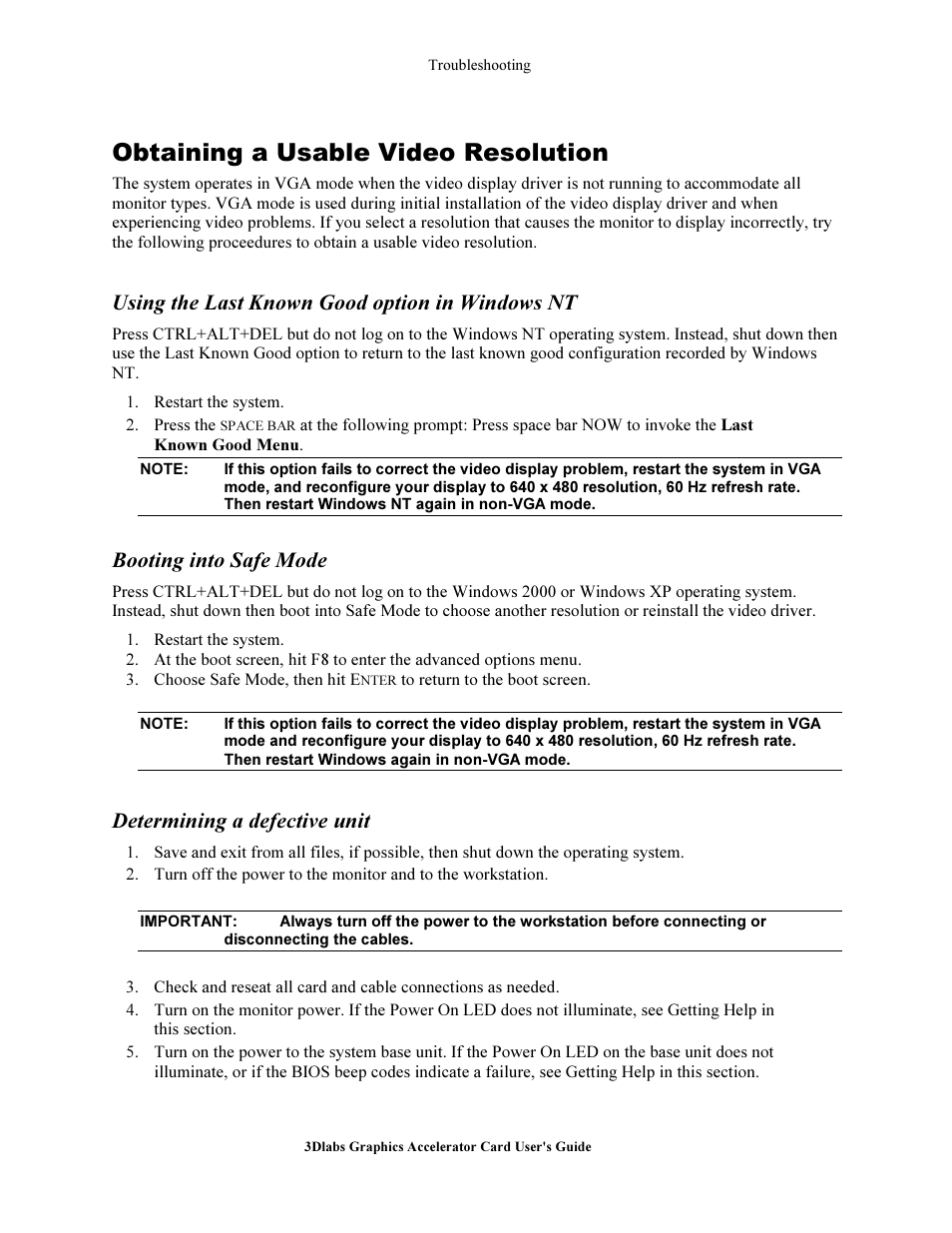 Obtaining a u able video re olution, U ing the la t known good option in window nt, Booting into safe mode | Etermining a defective unit, Obtaining a usable video resolution, Using the last known good option in windows nt, Determining a defective unit | 3DLABS Wildcat III 6110 User Manual | Page 36 / 56