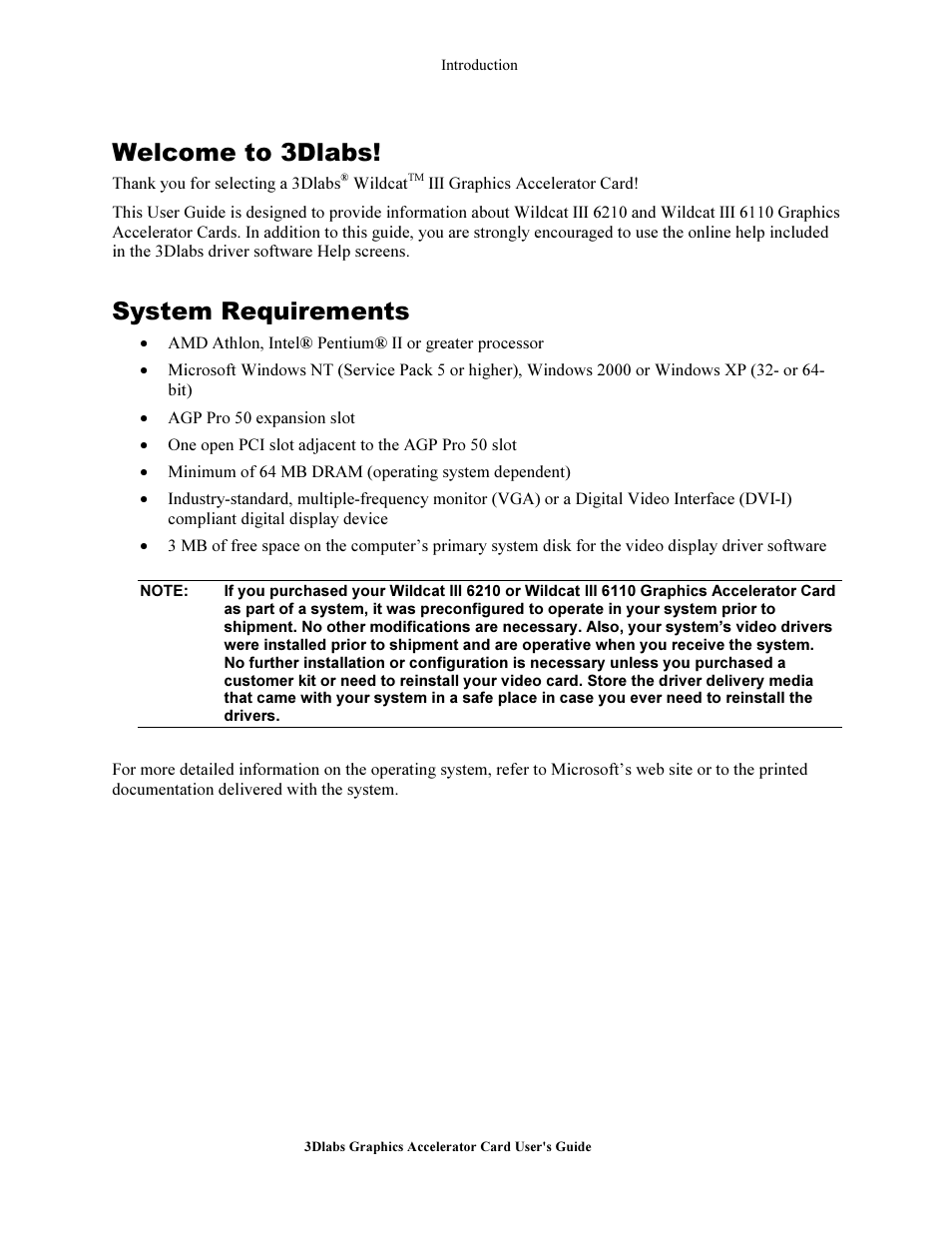 Sy tem requirement, Welcome to 3dlabs, System requirements | 3DLABS Wildcat III 6110 User Manual | Page 6 / 56