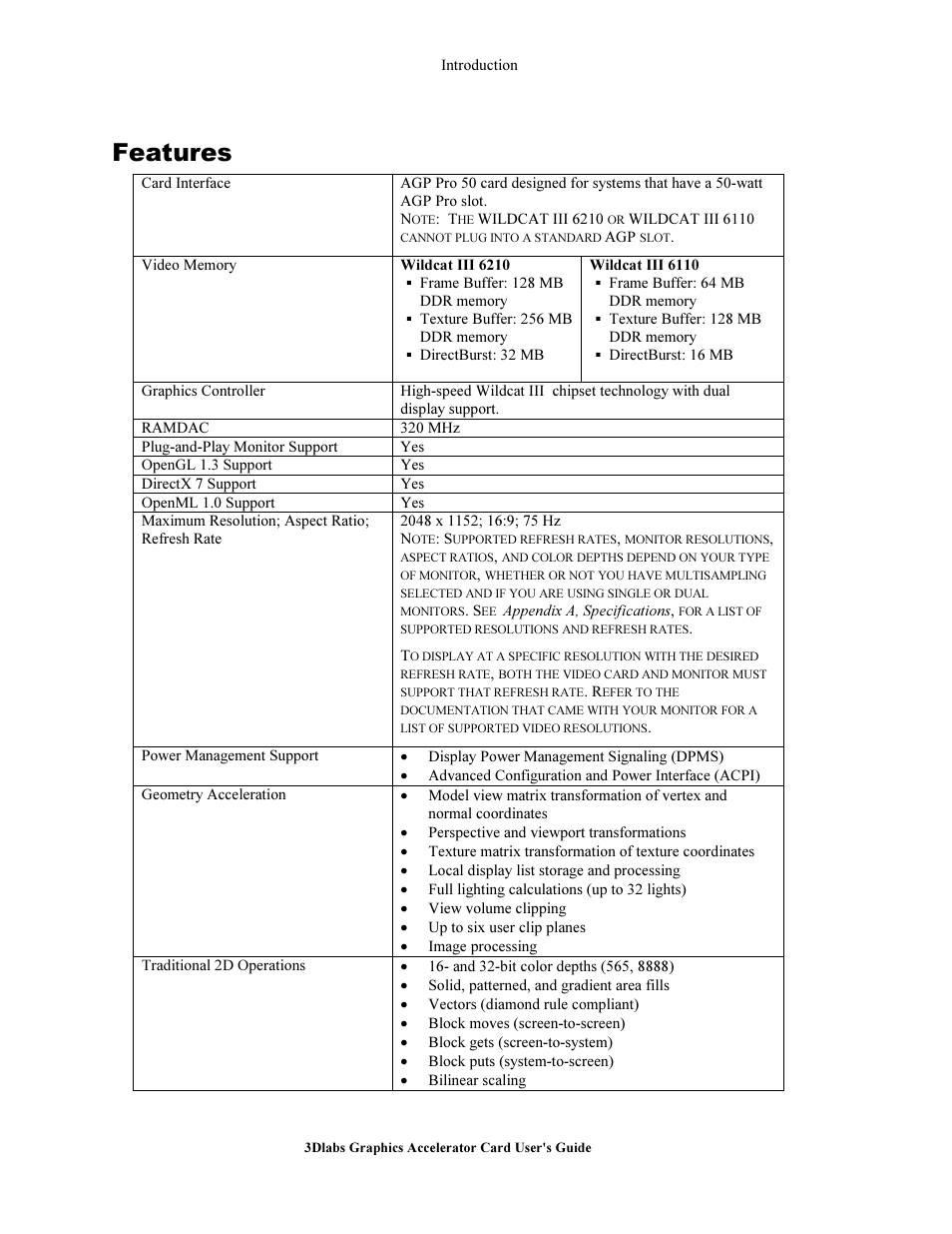Feature, Features | 3DLABS Wildcat III 6110 User Manual | Page 7 / 56