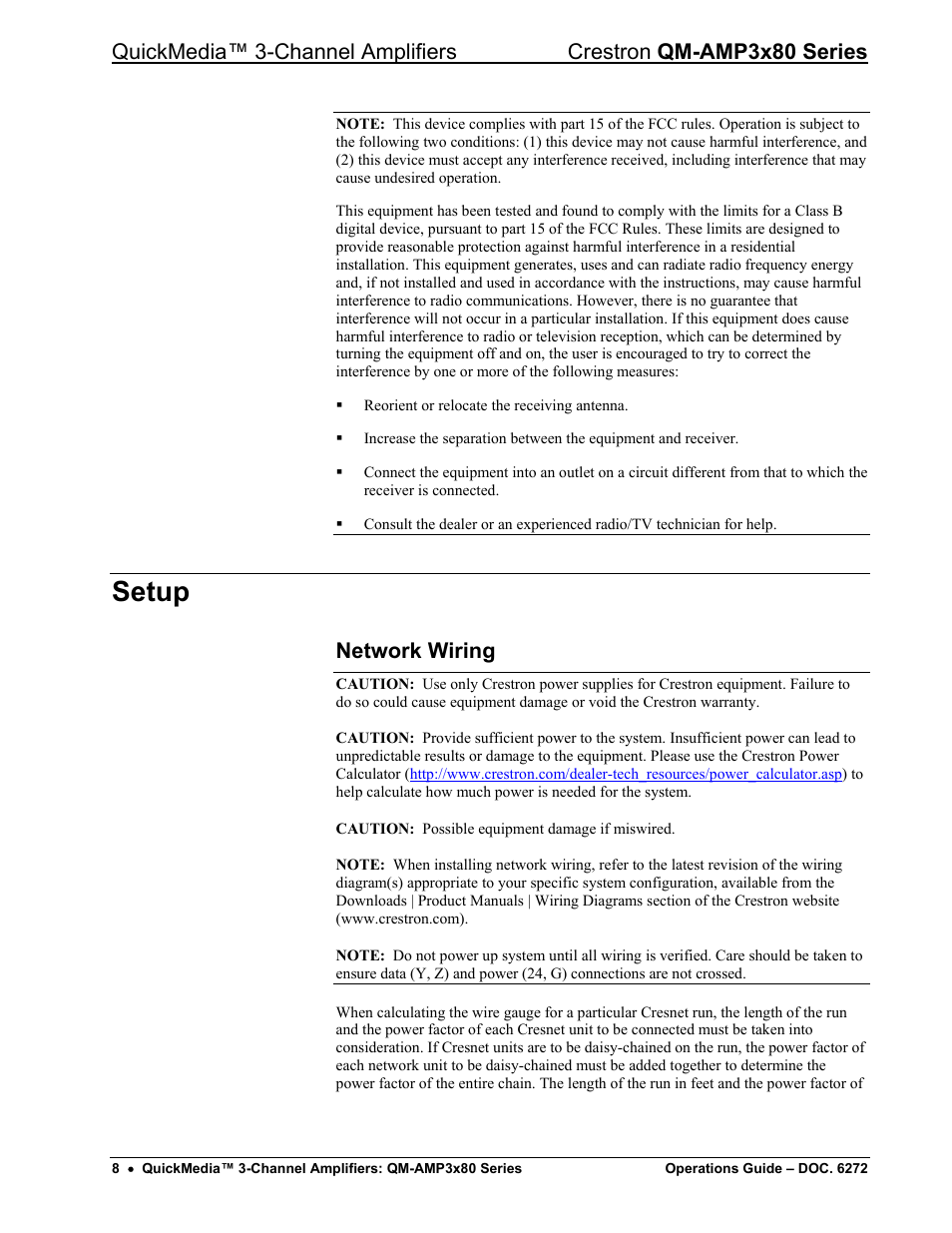 Setup, Network wiring, Network wiring” o | Ge 8 fo | Crestron electronic QM-AMP3x80 Series User Manual | Page 12 / 32