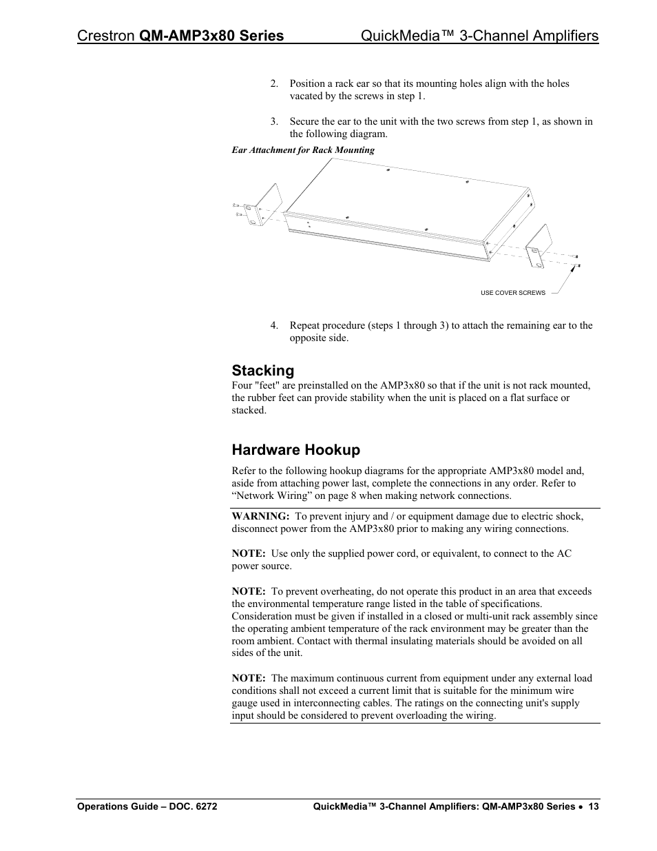 Stacking, Hardware hookup, Hardware hookup” on | Crestron electronic QM-AMP3x80 Series User Manual | Page 17 / 32