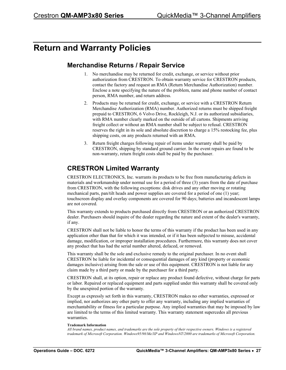 Return and warranty policies, Merchandise returns / repair service, Crestron limited warranty | Crestron electronic QM-AMP3x80 Series User Manual | Page 31 / 32