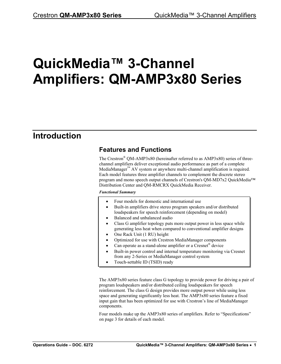 Quickmedia™ 3-channel amplifiers: qm-amp3x80 seri, Introduction, Features and functions | Crestron electronic QM-AMP3x80 Series User Manual | Page 5 / 32