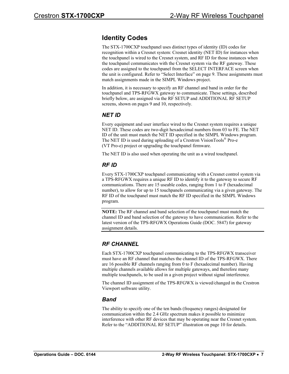 Identity codes, Net id, Rf id | Rf channel, Band, Identity codes” on | Crestron electronic STX-1700CXP User Manual | Page 11 / 40
