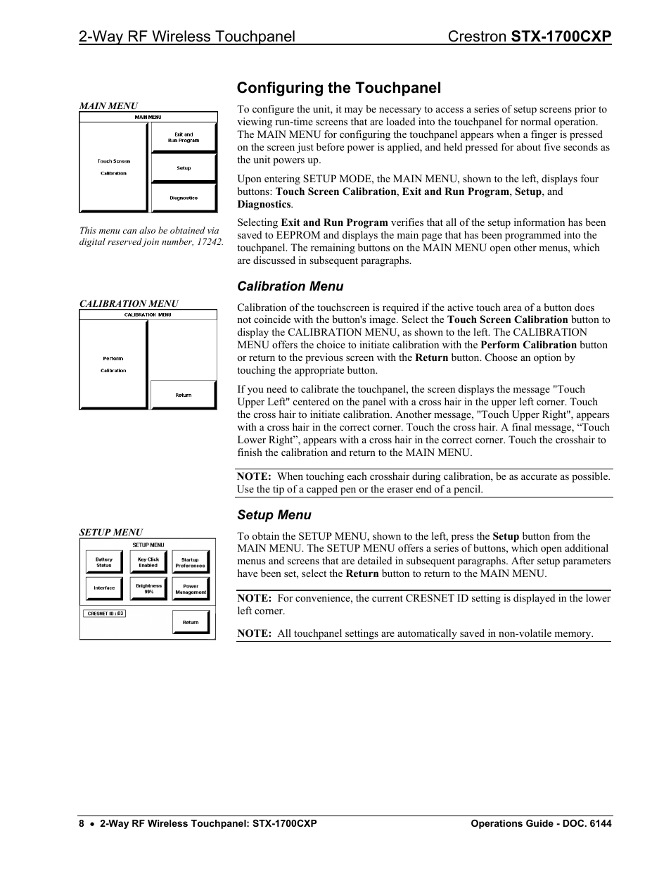 Configuring the touchpanel, Calibration menu, Setup menu | Way rf wireless touchpanel crestron stx-1700cxp | Crestron electronic STX-1700CXP User Manual | Page 12 / 40