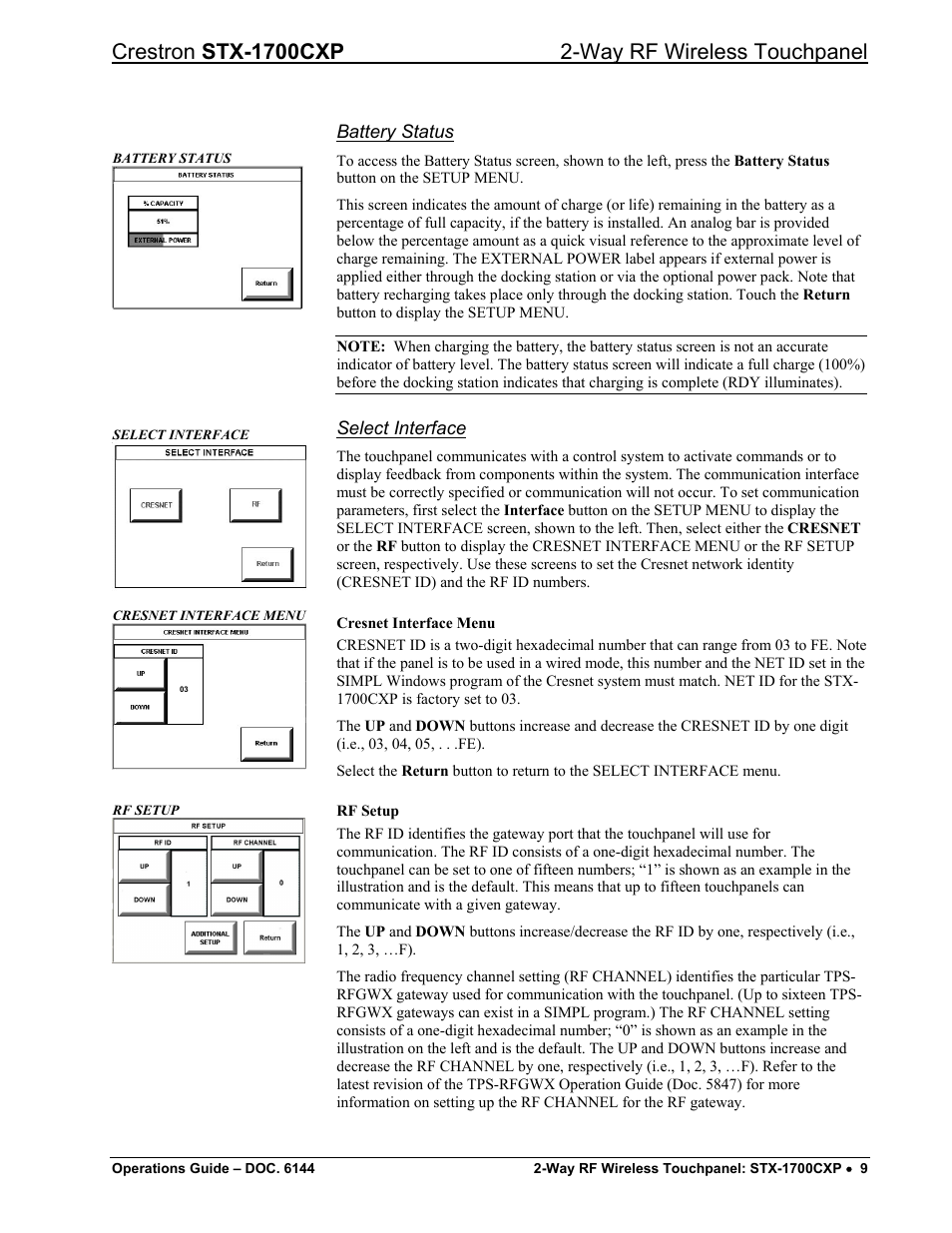 Battery status, Select interface | Crestron electronic STX-1700CXP User Manual | Page 13 / 40