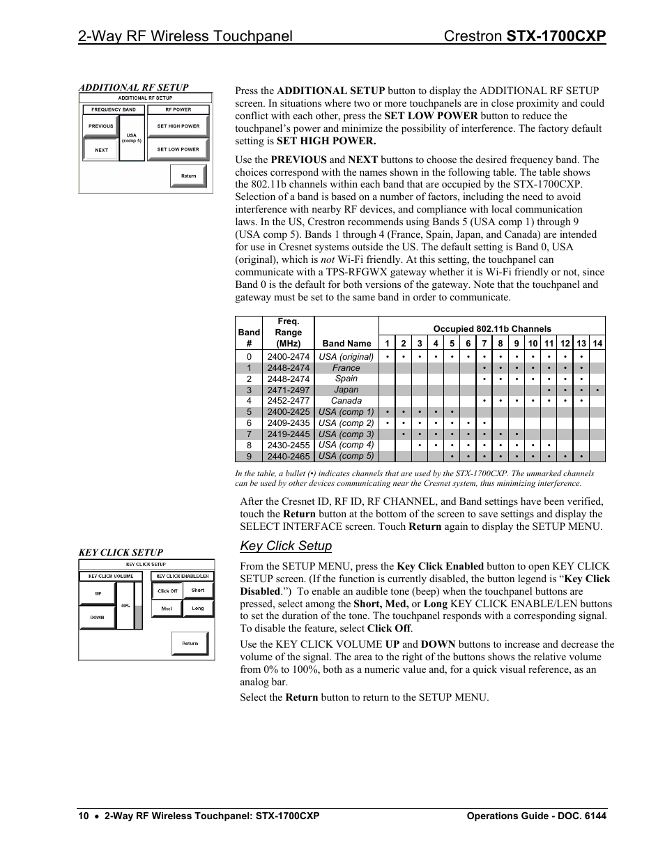 E “additional rf setup” illu, D 10, respect, 10 fo | Way rf wireless touchpanel crestron stx-1700cxp, Key click setup | Crestron electronic STX-1700CXP User Manual | Page 14 / 40