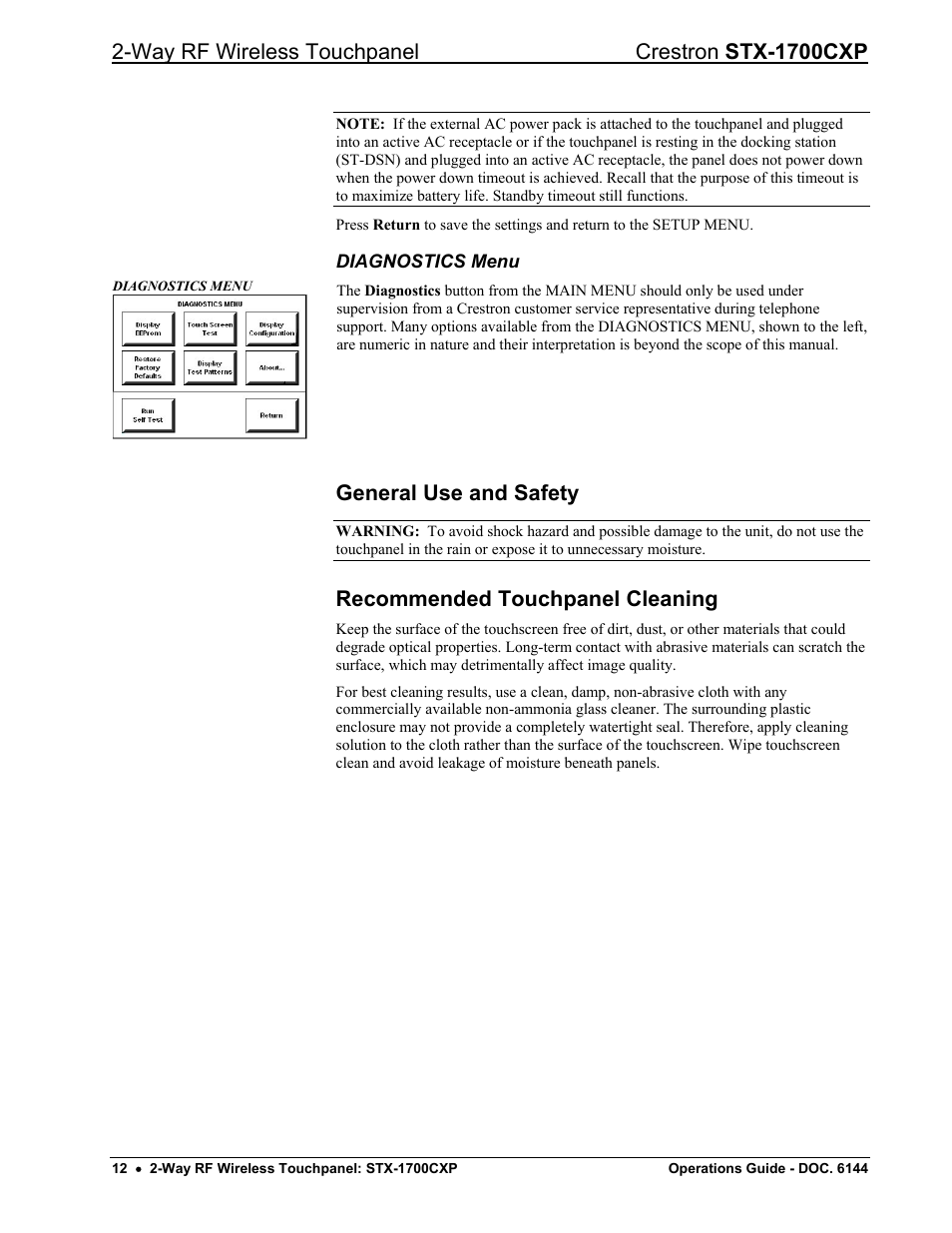 Diagnostics menu, General use and safety, Recommended touchpanel cleaning | Way rf wireless touchpanel crestron stx-1700cxp | Crestron electronic STX-1700CXP User Manual | Page 16 / 40