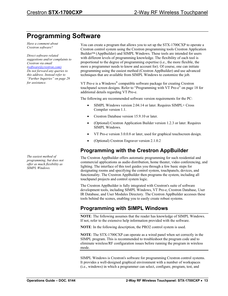 Programming software, Programming with the crestron appbuilder, Programming with simpl windows | Crestron electronic STX-1700CXP User Manual | Page 17 / 40