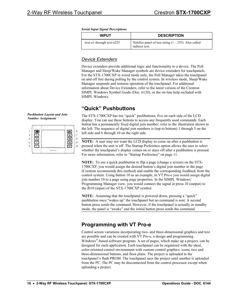 Quick” pushbuttons, Programming with vt pro-e, Way rf wireless touchpanel crestron stx-1700cxp | Device extenders | Crestron electronic STX-1700CXP User Manual | Page 22 / 40